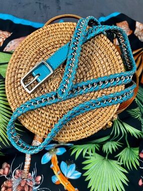 Vintage Pistil Turquoise Silver Chain Link Leather Braided Statement Belt M/L